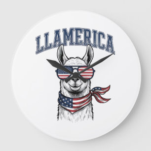 Reloj Redondo Grande Camiseta de grabado vintage de llama patriótica de
