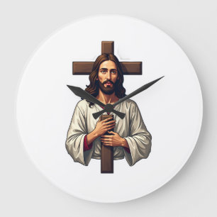 Reloj Redondo Grande Camiseta de grabado vintage retrato cruz de Jesús