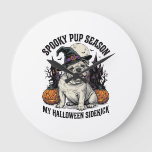 Reloj Redondo Grande Camiseta de Halloween Bulldog Bruja Lindo Perro Gr