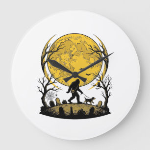 Reloj Redondo Grande Camiseta de Halloween de Bigfoot Luna Llena Paseo 