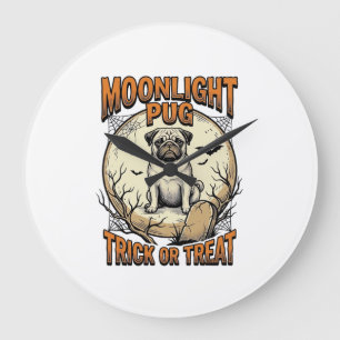 Reloj Redondo Grande Camiseta de Halloween de Pug con luna de grabado v
