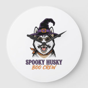 Reloj Redondo Grande Camiseta de Husky de Halloween Bruja Perro Gráfica