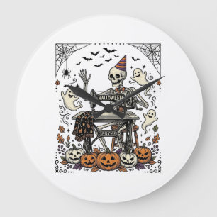 Reloj Redondo Grande Camiseta de máquina de coser esqueleto de Hallowee