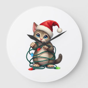 Reloj Redondo Grande Camiseta de Navidad con Gato Siamés Cuello en V (2