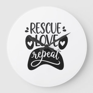 Reloj Redondo Grande Camiseta de pata de perro Rescue Love Repeat