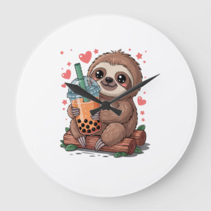 Reloj Redondo Grande Camiseta de perezoso burbuja kawaii bebiendo té de