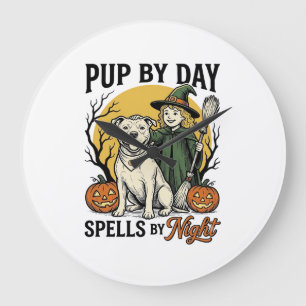 Reloj Redondo Grande Camiseta de Perro Bruja de Halloween Grabado Vinta