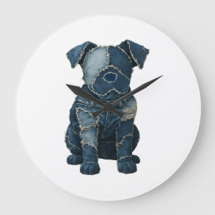 Reloj Redondo Grande Camiseta de perro de arte de parches de mezclilla