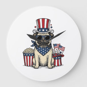 Reloj Redondo Grande Camiseta de perro de grabado vintage pug patriótic