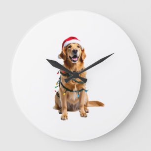 Reloj Redondo Grande Camiseta de perro de Navidad, Papá Noel Retriever 