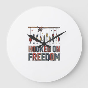 Reloj Redondo Grande Camiseta de pesca patriótica Enganchado a la liber