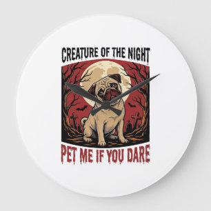 Reloj Redondo Grande Camiseta de Pug de Halloween con Cementerio Espelu