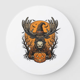 Reloj Redondo Grande Camiseta de sombrero de bruja de calabaza de alce 