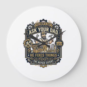 Reloj Redondo Grande Camiseta del Día del Padre Repara Papá Pregúntale 