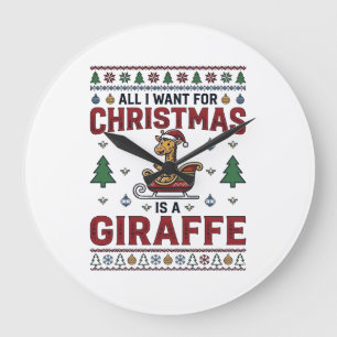 Reloj Redondo Grande Camiseta divertida de Navidad Jirafa Trineo