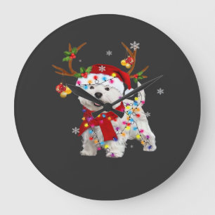 Reloj Redondo Grande Camiseta divertida de Navidad Westie Reno C luces