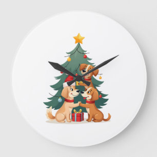 Reloj Redondo Grande Camiseta divertida de perro de Navidad árbol de Na