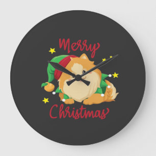 Reloj Redondo Grande Camiseta esencial de Pomerania de Navidad, Feliz N