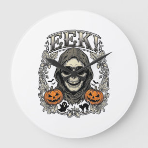 Reloj Redondo Grande Camiseta Gráfica de Calavera Vintage de Halloween 