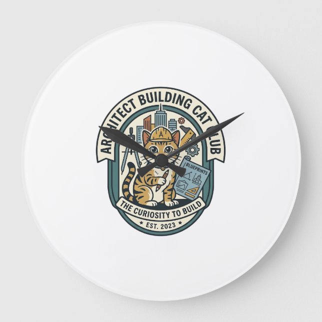 Reloj Redondo Grande Camiseta Gráfica de Gato Arquitecto Edificio Arte  (Anverso)