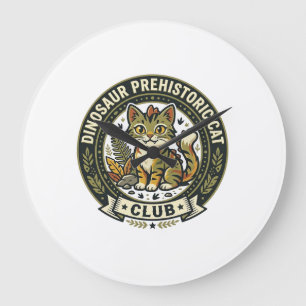 Reloj Redondo Grande Camiseta Gráfica de Gato Prehistórico Dinosaurio -