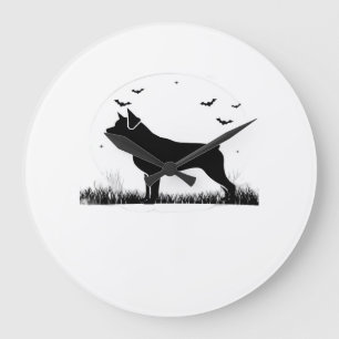Reloj Redondo Grande Camiseta Grande Silueta de Luna de Halloween Perro