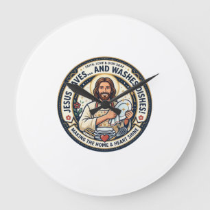 Reloj Redondo Grande Camiseta Humor Tareas de Lavandería Jesús Gráfica