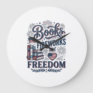 Reloj Redondo Grande Camiseta Lector Patriótico Libros Fuegos Artificia