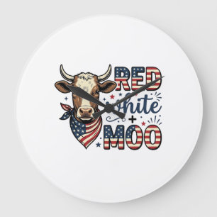 Reloj Redondo Grande Camiseta Patriótica Vaca Roja Blanca Moo 4 de Juli