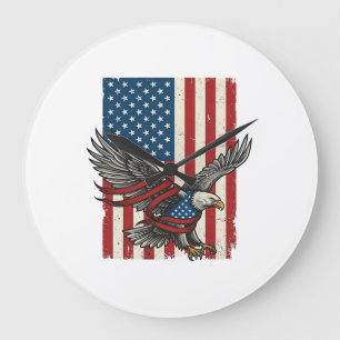 Reloj Redondo Grande Camiseta Patriótica Vector Bandera Águila Vintage_