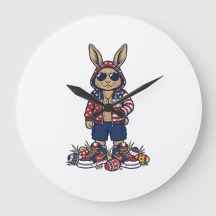 Reloj Redondo Grande Camiseta vectorial vintage de conejo de Pascua pat