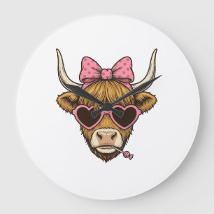 Reloj Redondo Grande Camiseta Vintage de Cute Highland Cow Heart Glasse