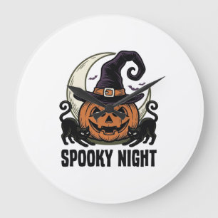 Reloj Redondo Grande Camiseta Vintage de Halloween Calabaza Gato Bruja 