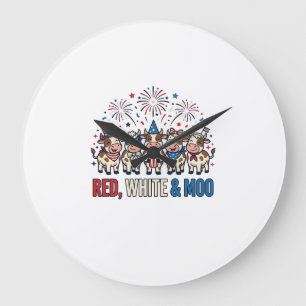 Reloj Redondo Grande Camiseta Vintage de Vaca Patriótica Rojo Blanco y