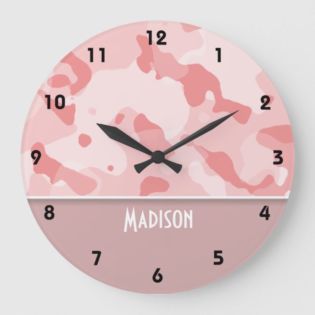 Reloj Redondo Grande Camo rosa bebé; personalizado (Anverso)