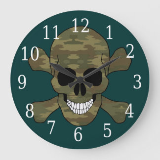 Reloj Redondo Grande Camouflage Skull And Crossbones Clock