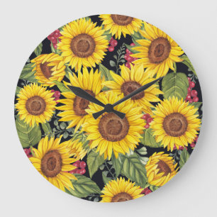 Reloj Redondo Grande Campo de girasoles: fondo negro de acuarela