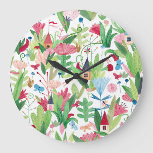 Reloj Redondo Grande Campos Florales: Patrón de casas acuarelas