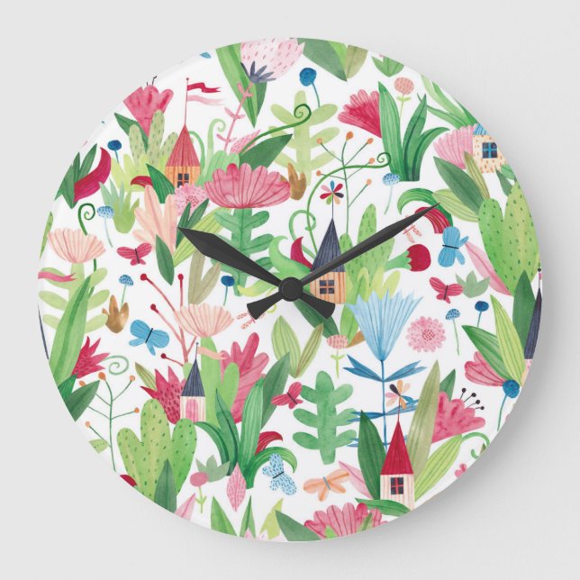 Reloj Redondo Grande Campos Florales: Patrón de casas acuarelas (Anverso)
