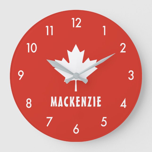 Reloj Redondo Grande Canadá Día Rojo Blanco Bandera Canadiense Nombre d (Anverso)
