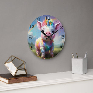 Reloj Redondo Grande "Canchas mágicas: el cerdo unicornio arcoiris"