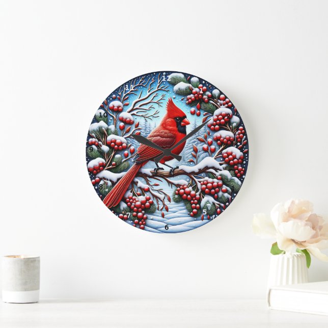 Reloj Redondo Grande Canción del Cardenal de Invierno" - Decoración fes (Hogar)