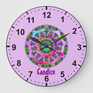 Reloj Redondo Grande CANDICE ~ Patrón fractal arcoiris ~ Personalizado