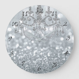 Reloj Redondo Grande Candil glam bokeh brillo plata blanco