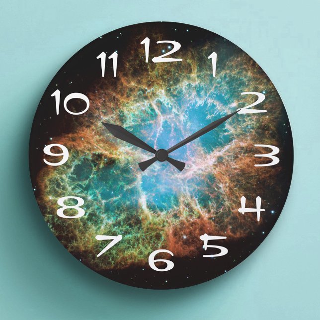 Reloj Redondo Grande Cangrejo de número blanco Nebulosa Fotografía del  (White Numbered Crab Nebula Celestial Space Photo Large Clock)