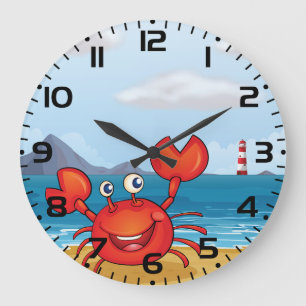 Reloj Redondo Grande Cangrejo Feliz en la Playa con Faro