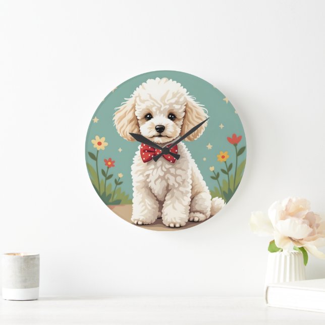Reloj Redondo Grande Caniche blanco adorable con corbata (Hogar)
