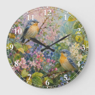 Reloj Redondo Grande Canto de Pájaros entre Flores