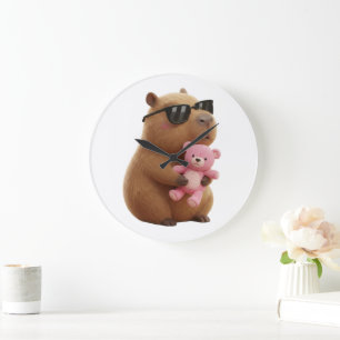 Reloj Redondo Grande Capibara Fresca y Genial con Oso de Peluche Rosa
