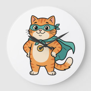 Reloj Redondo Grande Capitán Whiskerton - Lindo Gato Naranja Superhéroe